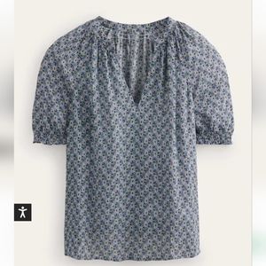 Boden Gathered Neck Short Sleeve TopBlue, Paisley Stem